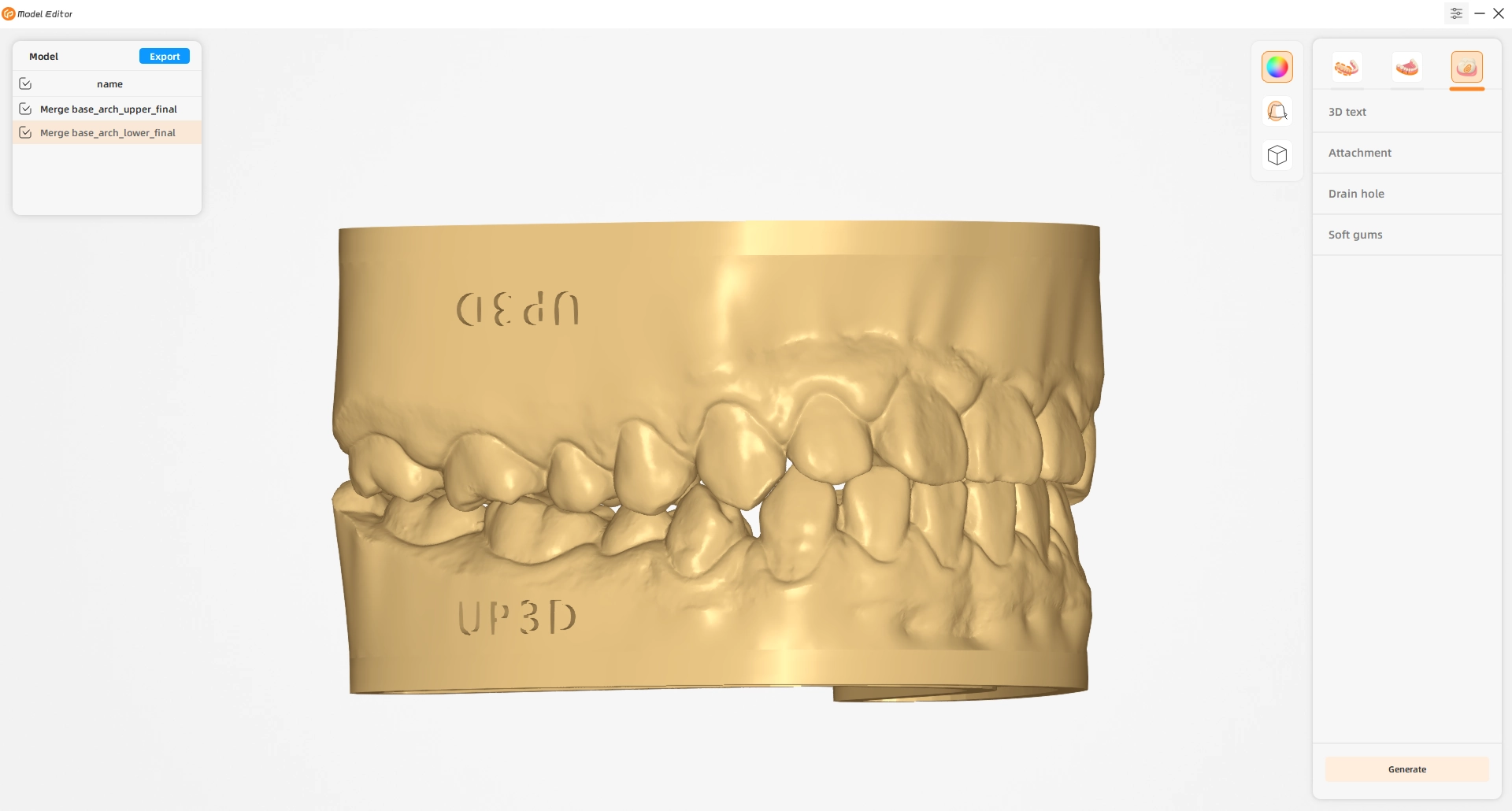 UP3D UP610 intraoral scanner model editor tool for repairing, labeling, and adapting 3D dental models with articulator integration and gingiva generation.